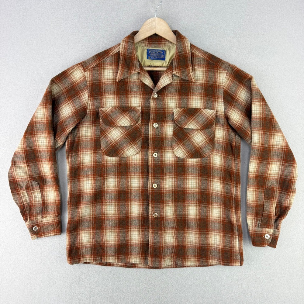 VTG 70s Pendleton Board Shirt Mens S-M Rust Plaid Long Sleeve Loop Collar USA - Picture 2 of 14
